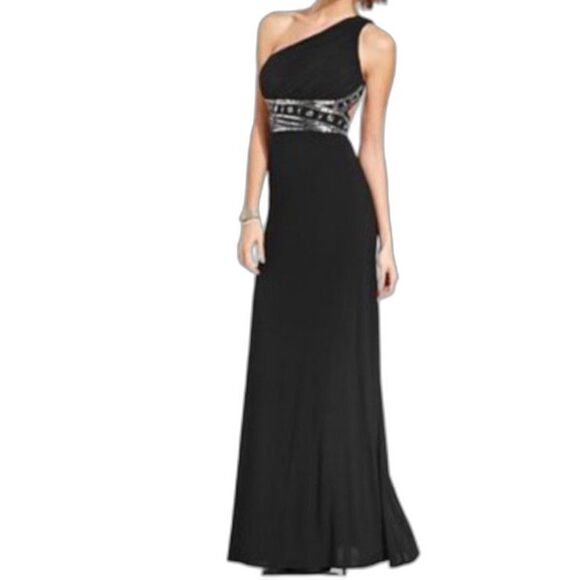 Betsy & Adam Black One Shoulder Long Formal Gown with Silver Bead Detail Size 6 - Picture 2 of 15